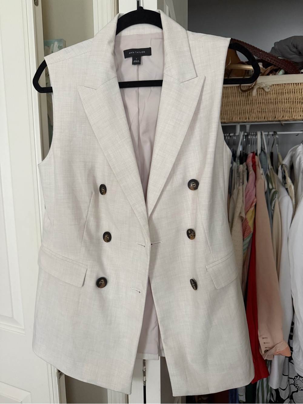 Ann Taylor Double-Breasted Sleeveless Blazer in Light Beige